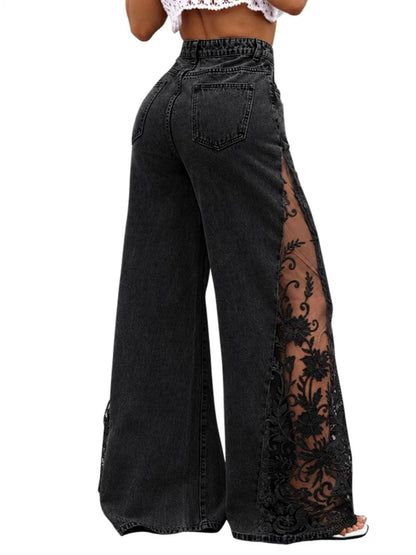 Women's Contrast Lace Stretch Denim Wide Leg Pants