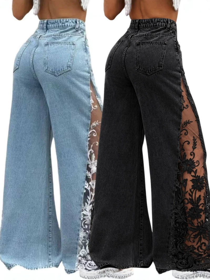 Women's Contrast Lace Stretch Denim Wide Leg Pants