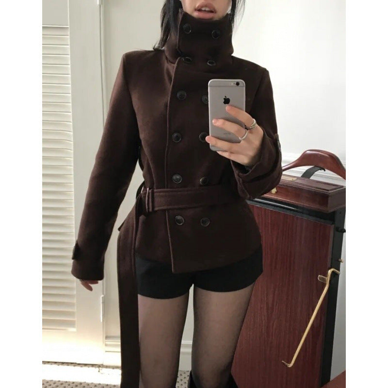Winter Slim Belt Double-breasted Woolen Jacket