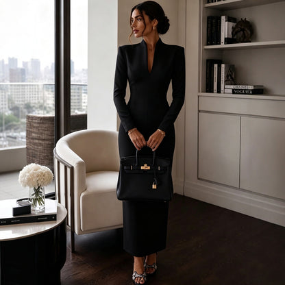 Elegant V-Neck Long Sleeve Bodycon Dress