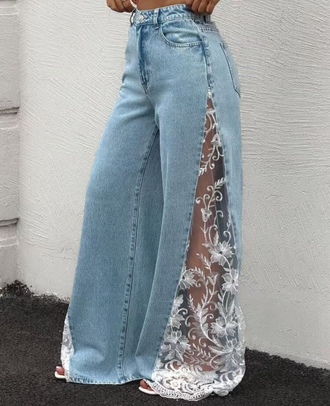 Women's Contrast Lace Stretch Denim Wide Leg Pants