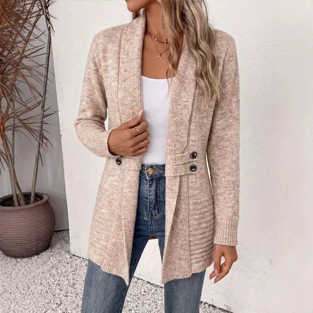 Mid-Length Double-Breasted Knitted Cardigan Sweater