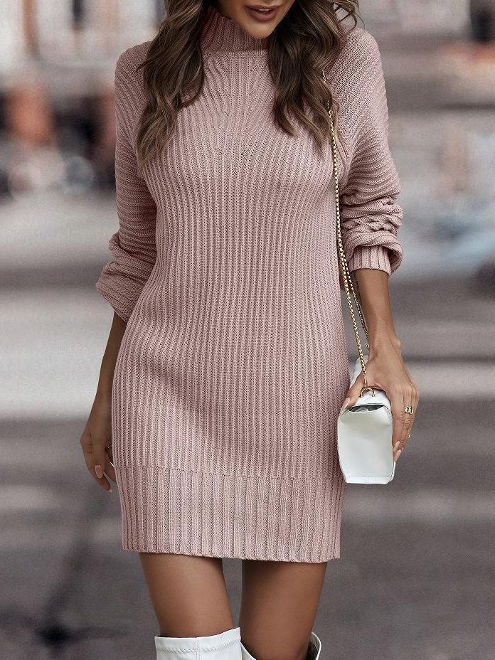 Women's Solid Long Sleeve Turtleneck Knitted Dress