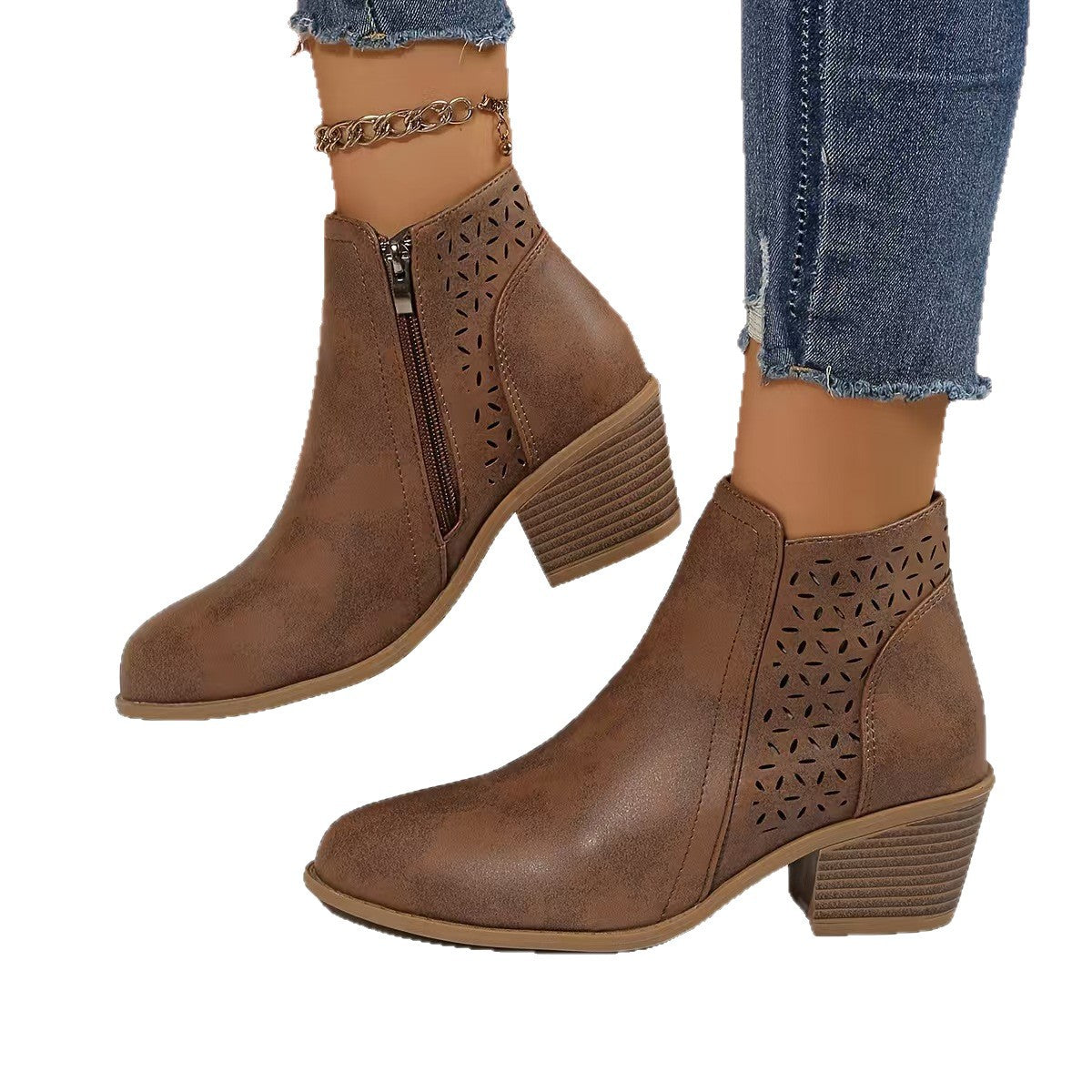 Women's Hollow Pointed Toe Low Heel Chelsea Boots