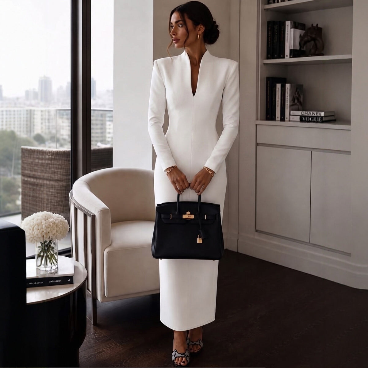Elegant V-Neck Long Sleeve Bodycon Dress