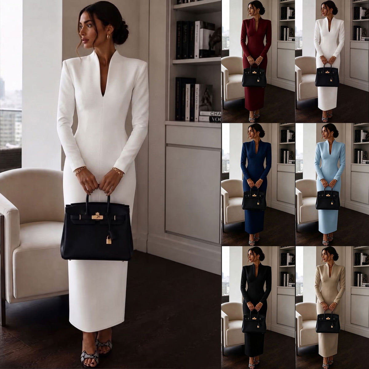 Elegant V-Neck Long Sleeve Bodycon Dress