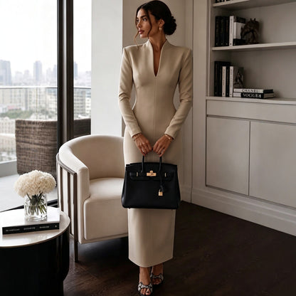 Elegant V-Neck Long Sleeve Bodycon Dress