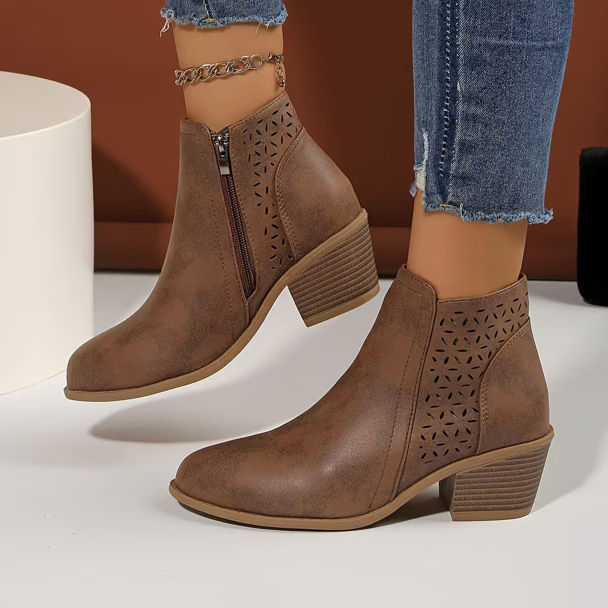 Women's Hollow Pointed Toe Low Heel Chelsea Boots