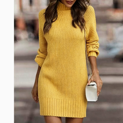 Women's Solid Long Sleeve Turtleneck Knitted Dress