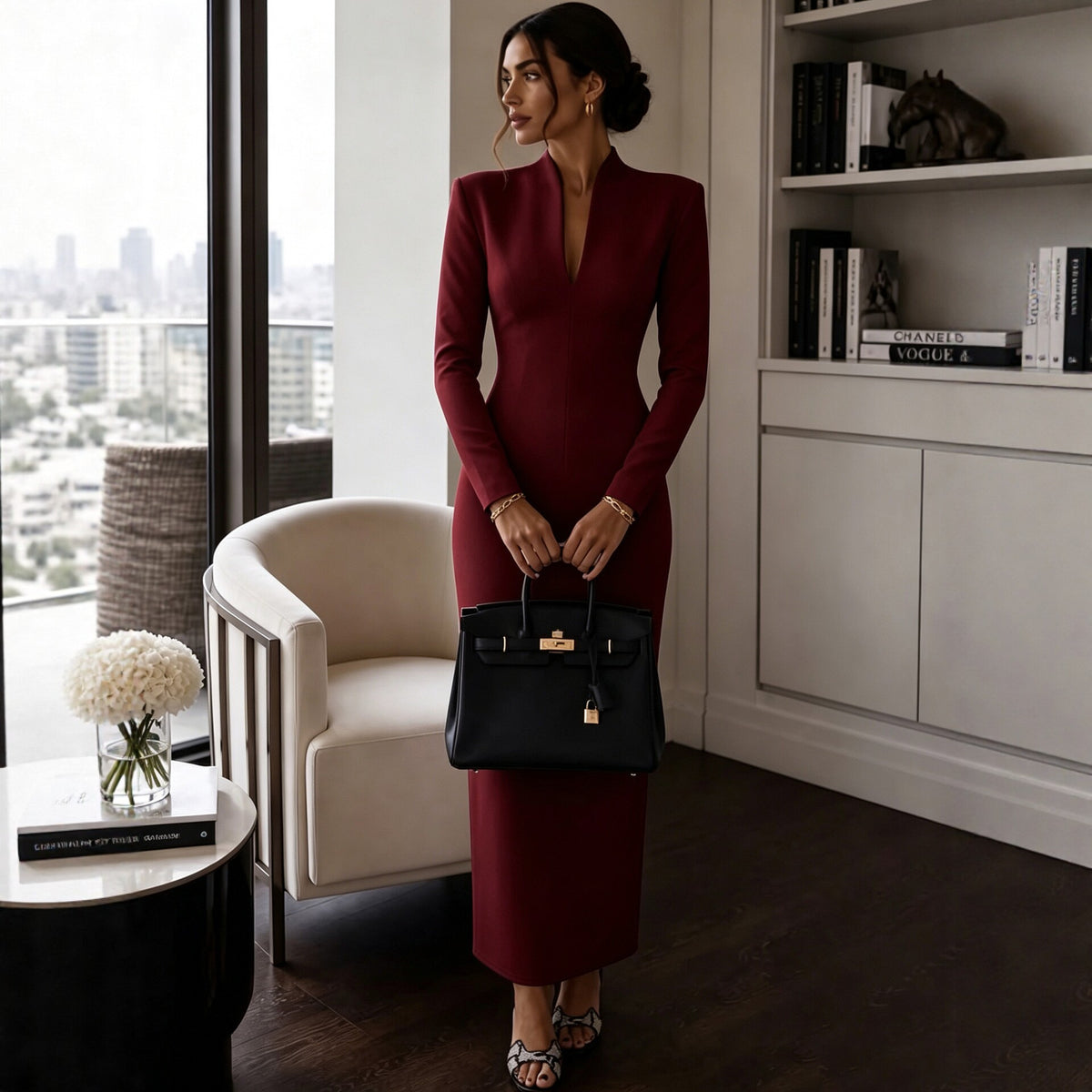 Elegant V-Neck Long Sleeve Bodycon Dress