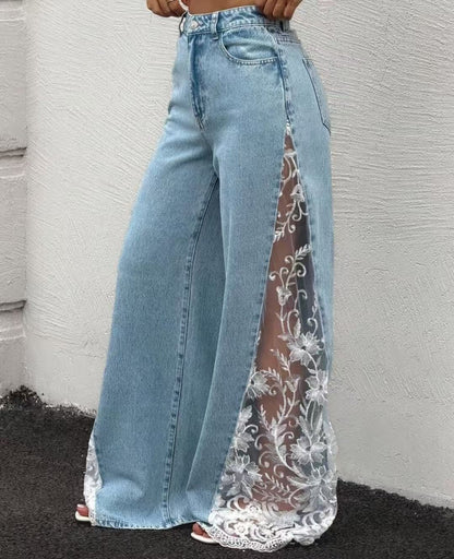 Women's Contrast Lace Stretch Denim Wide Leg Pants