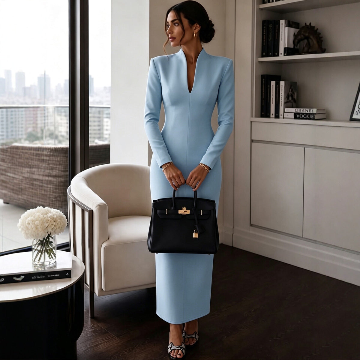 Elegant V-Neck Long Sleeve Bodycon Dress