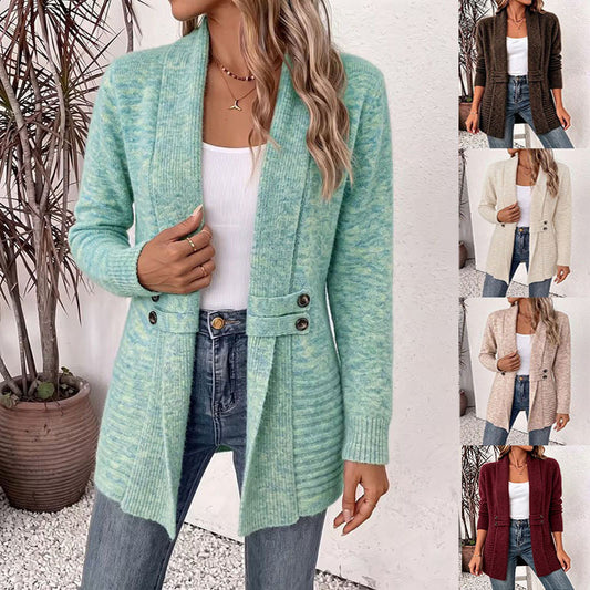 Mid-Length Double-Breasted Knitted Cardigan Sweater
