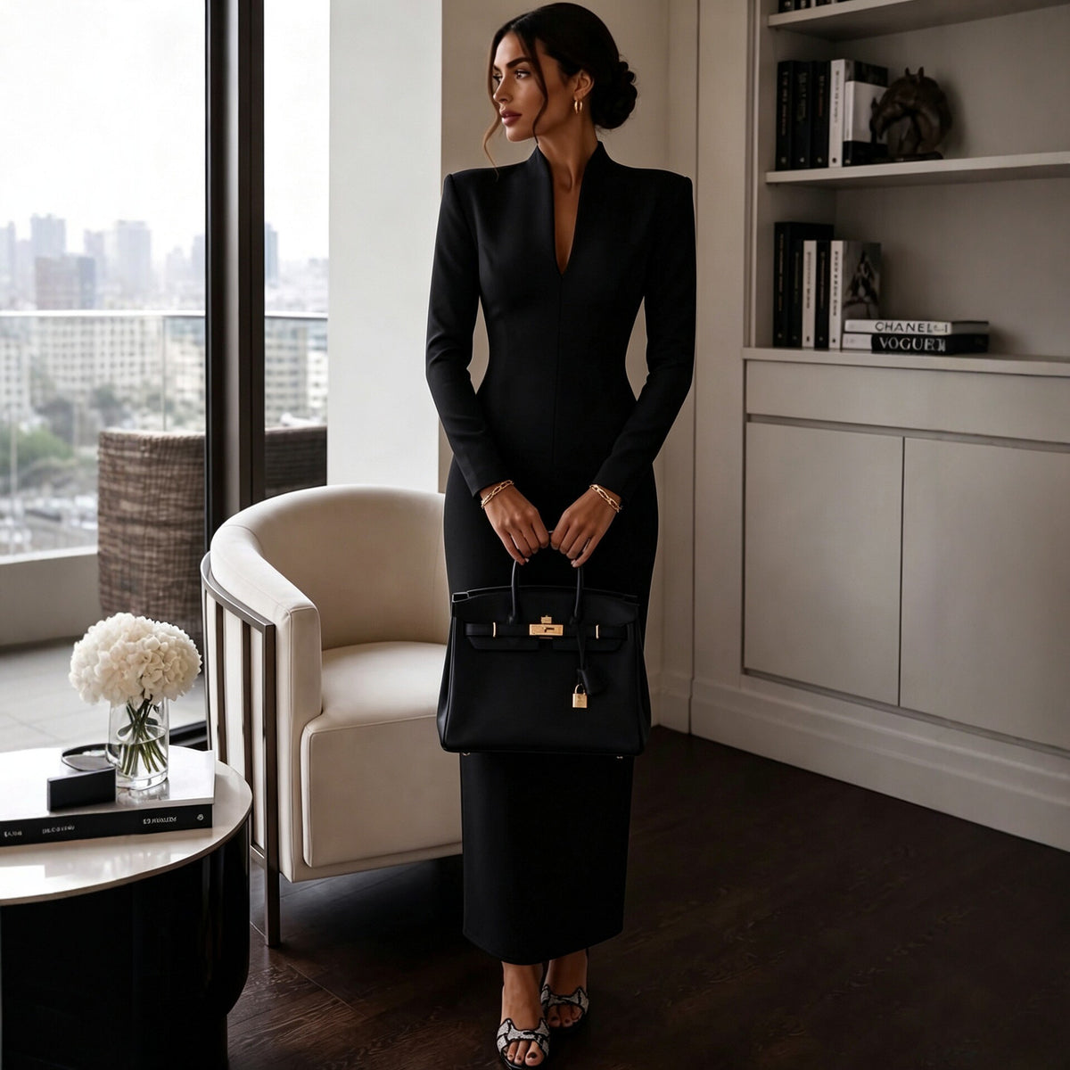 Elegant V-Neck Long Sleeve Bodycon Dress