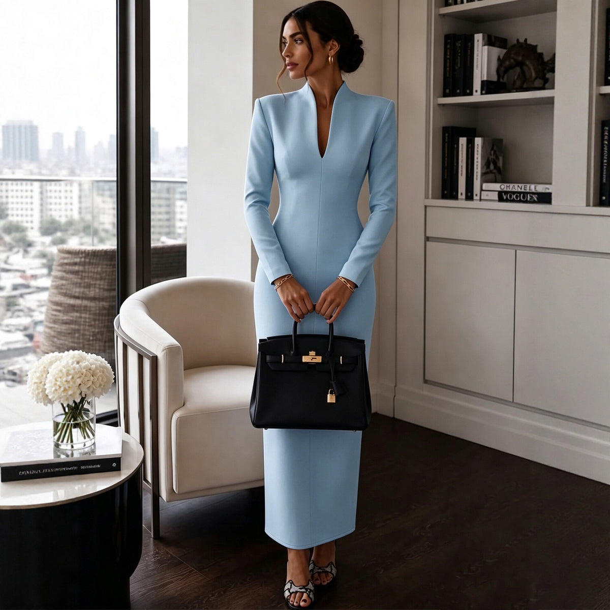 Elegant V-Neck Long Sleeve Bodycon Dress