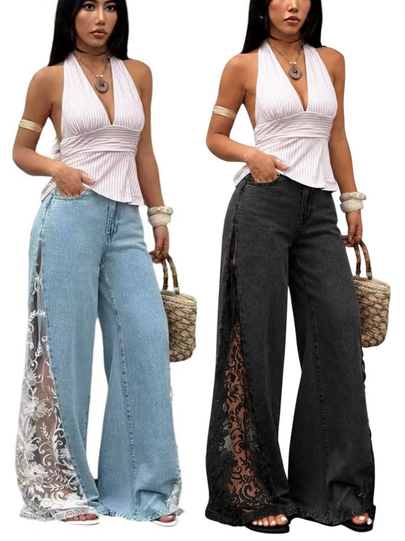 Women's Contrast Lace Stretch Denim Wide Leg Pants