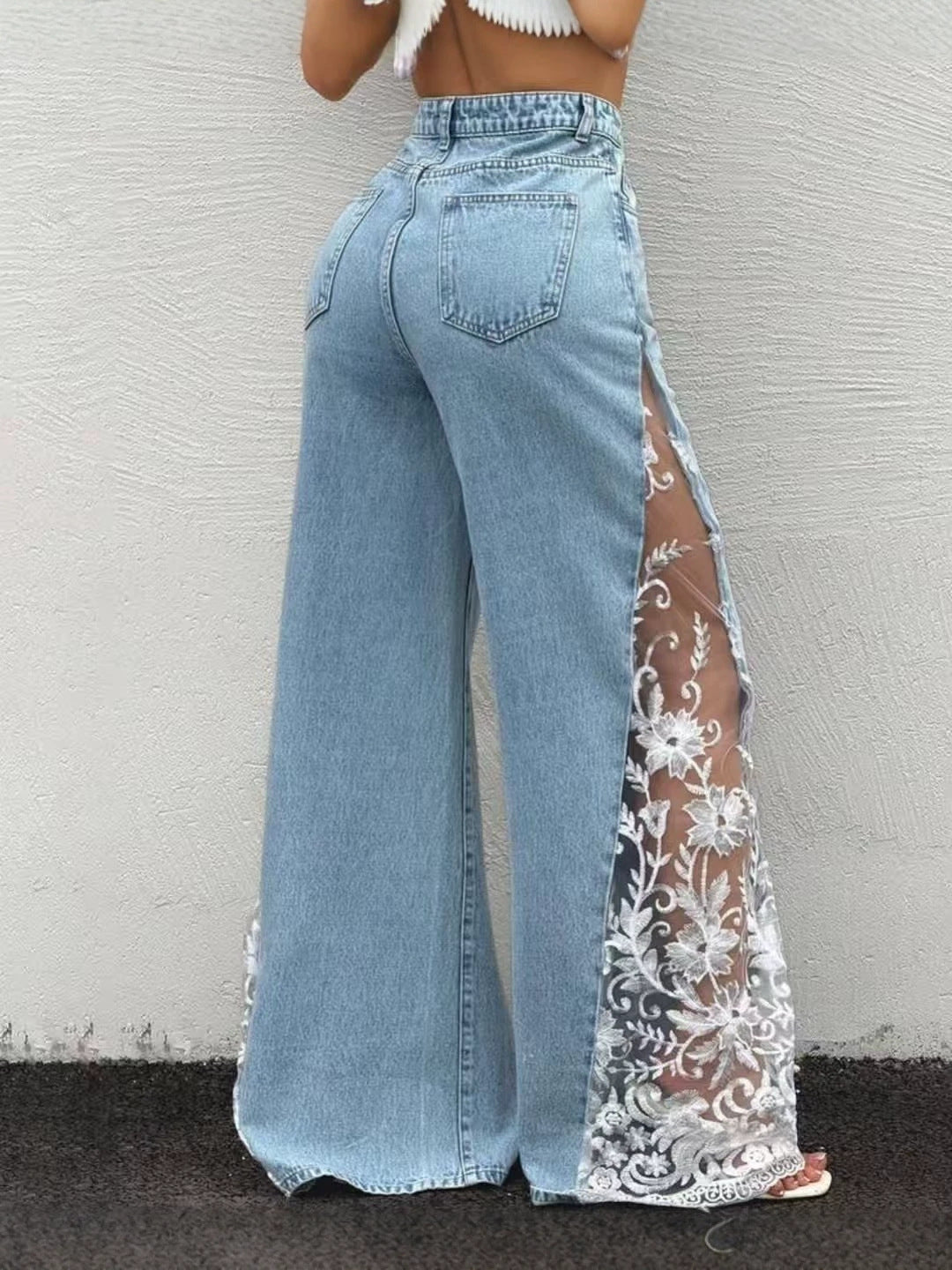 Women's Contrast Lace Stretch Denim Wide Leg Pants